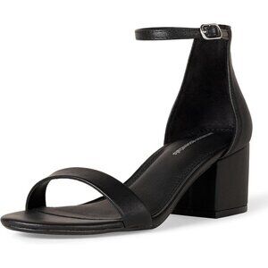 Womens Black Pu Faux Suede Two Strap Open Rounded Toe Chunky Block Heeled Sandal